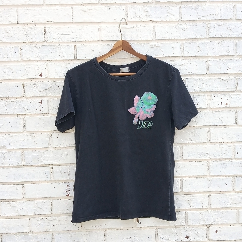 Black Tee Pastel Floral Accent Dior Emboidery